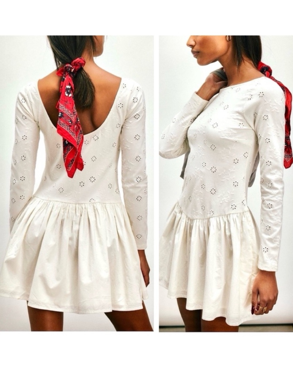 Free People White Eyelet Long Sleeve Drop Waist Mini Dress Sz L/G Romantic Boho